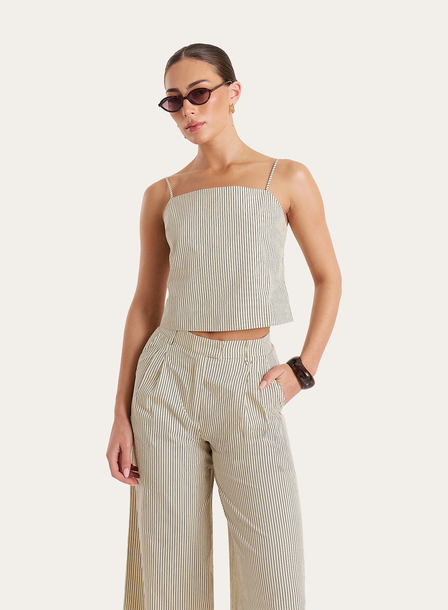 Beige Striped Tie Back Cami Crop Top